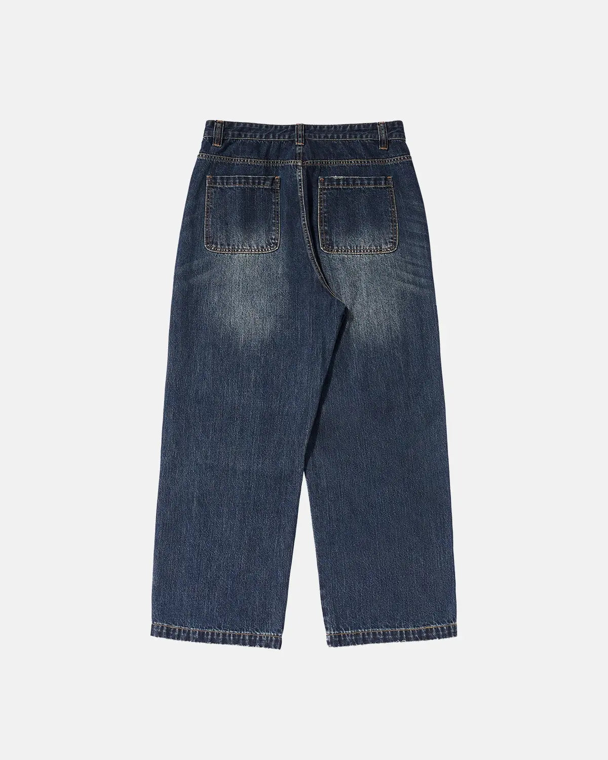 INFLATION faded dirty baggy cargo jeans with distressed look, relaxed fit, and multiple pockets, displayed on a hanger.