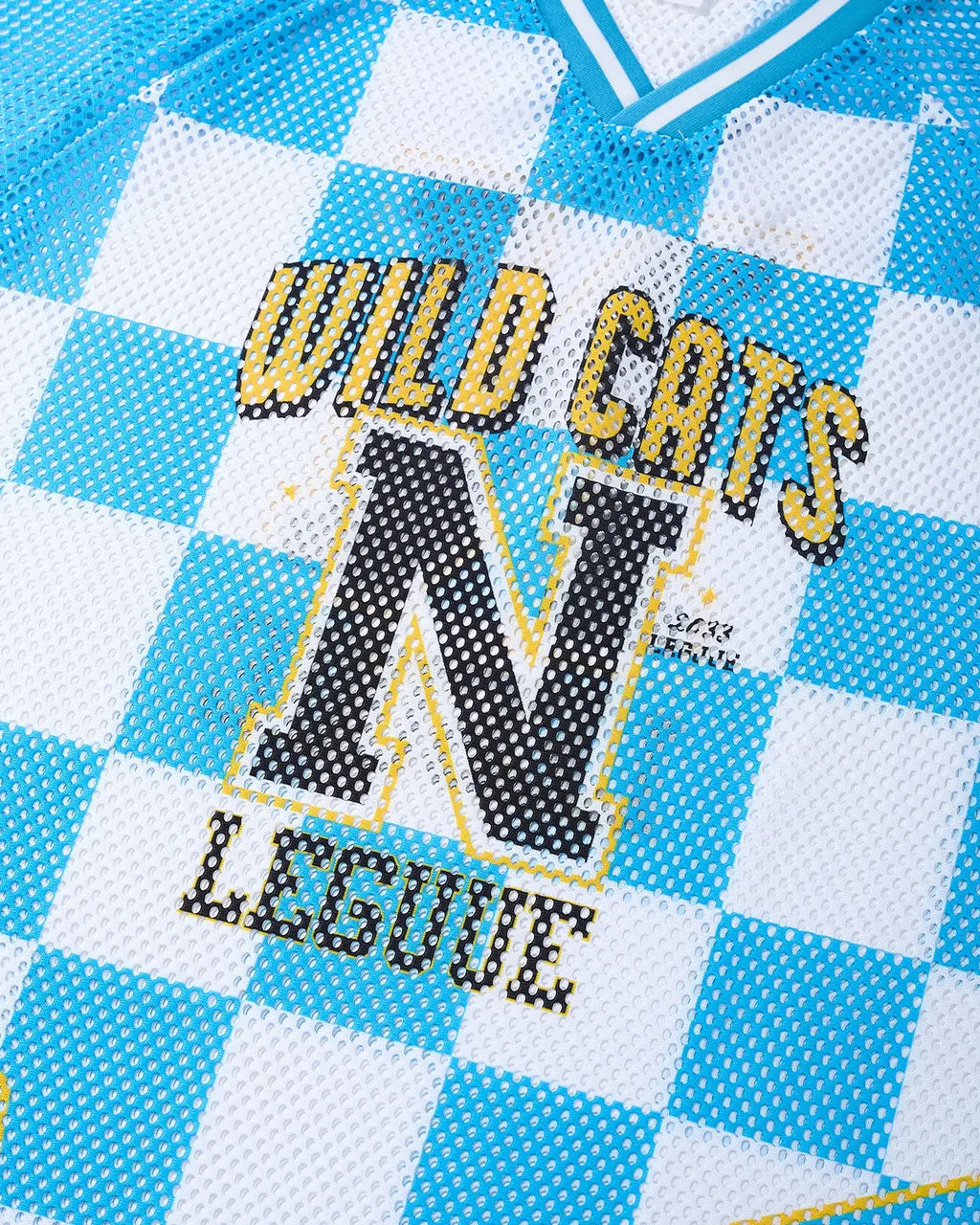 Inflation Streetwear varsity checkerboard mesh jersey with black and white pattern, lightweight fabric, and athletic fit.