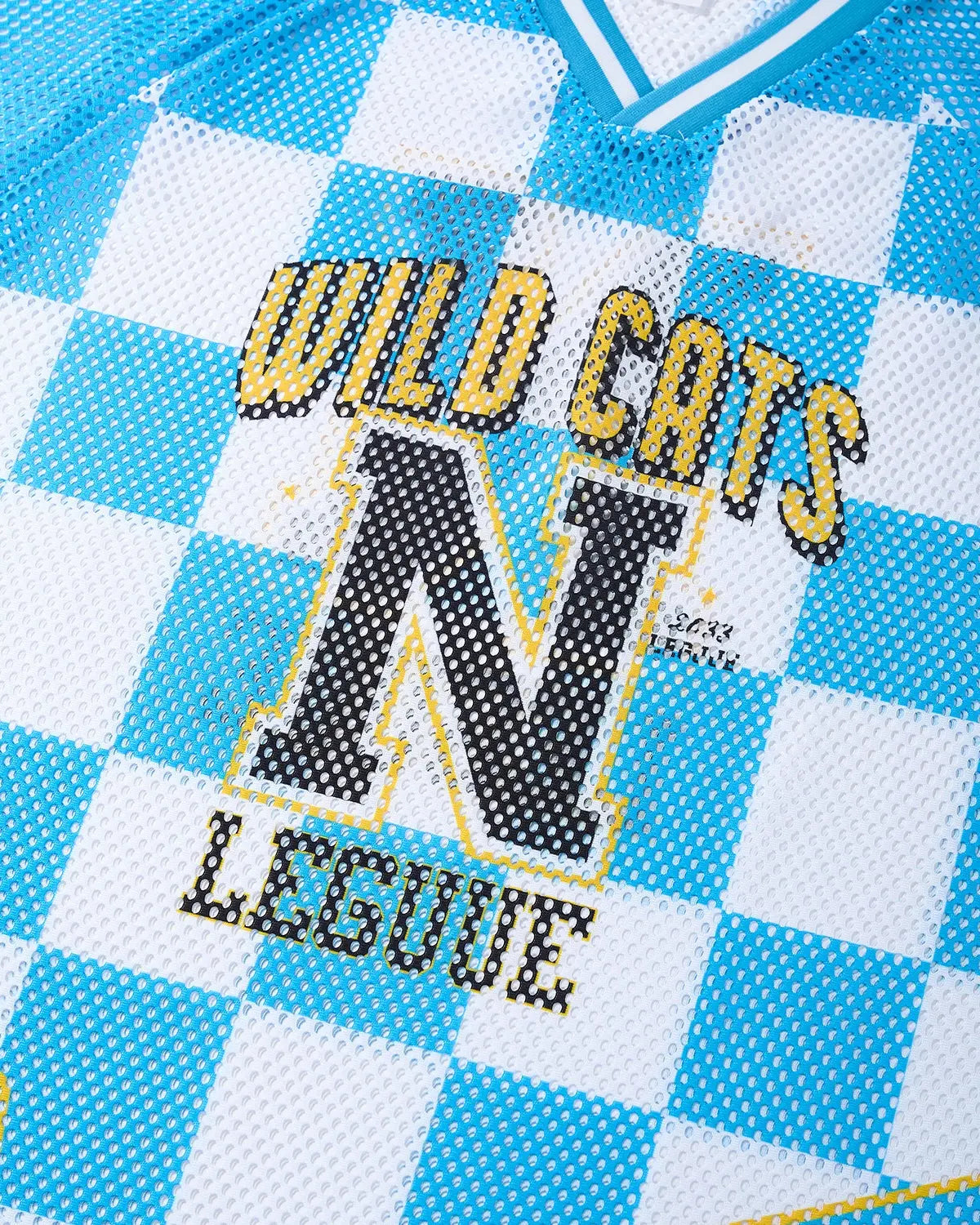 Inflation Streetwear varsity checkerboard mesh jersey with black and white pattern, lightweight fabric, and athletic fit.