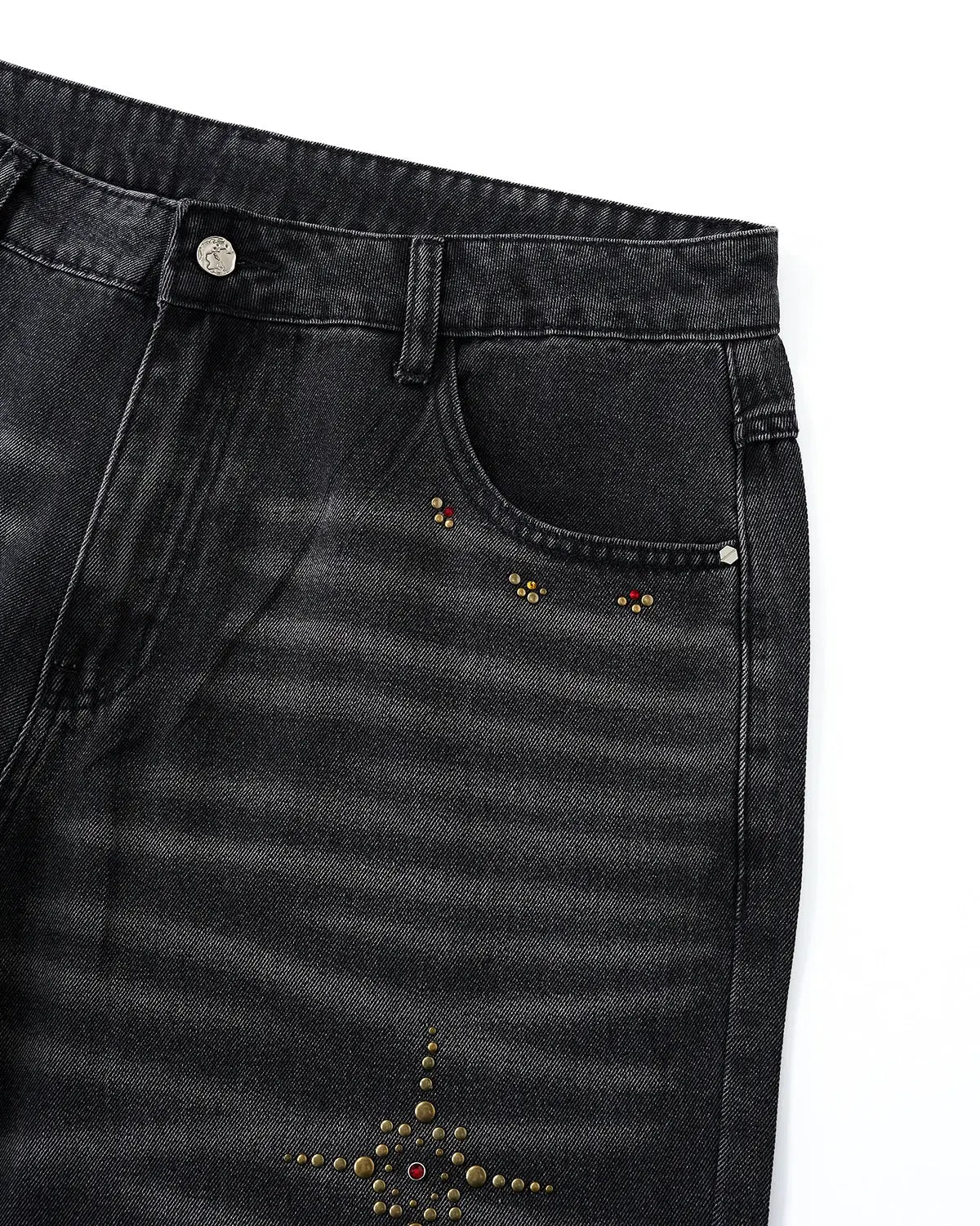 Distressed rhinestone ripped baggy jeans by INFLATION featuring shredded fabric and sparkling rhinestones, casual streetwear style.