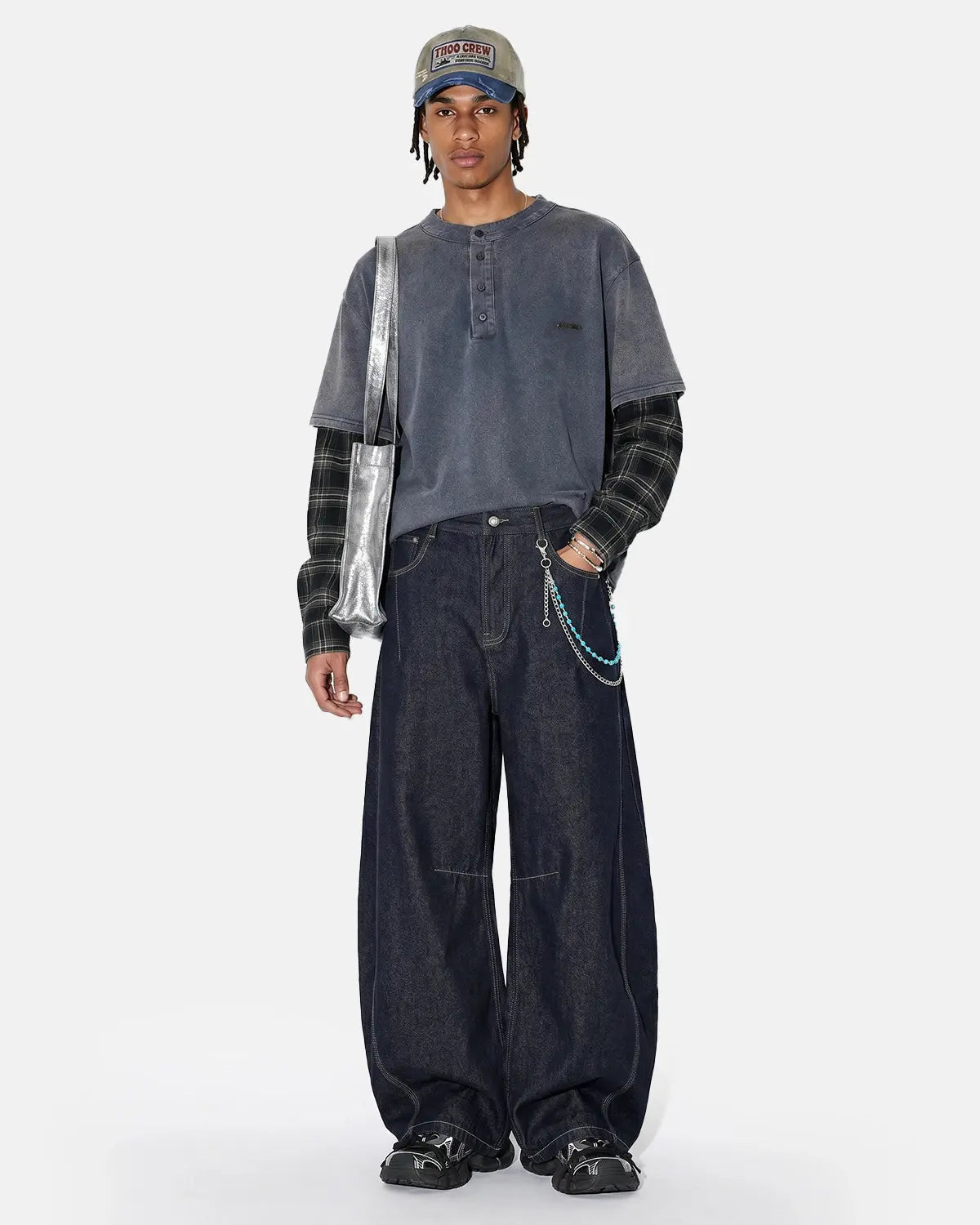 Distressed plaid layered long sleeve tee by INFLATION, featuring a casual streetwear style with a worn, vintage look.
