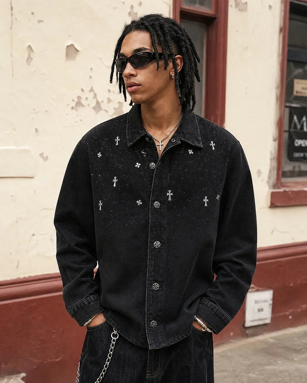 Inflation Starry Cross Rhinestone washed denim t-shirt featuring a starry cross design on the front, casual streetwear style.