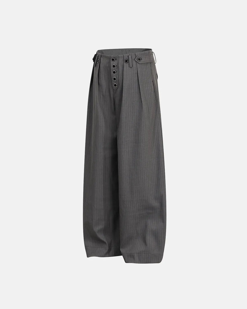 Inflation Streetwear pinstripe buttoned barrel suit pants, tailored fit with classic pinstripe pattern and sleek design.
