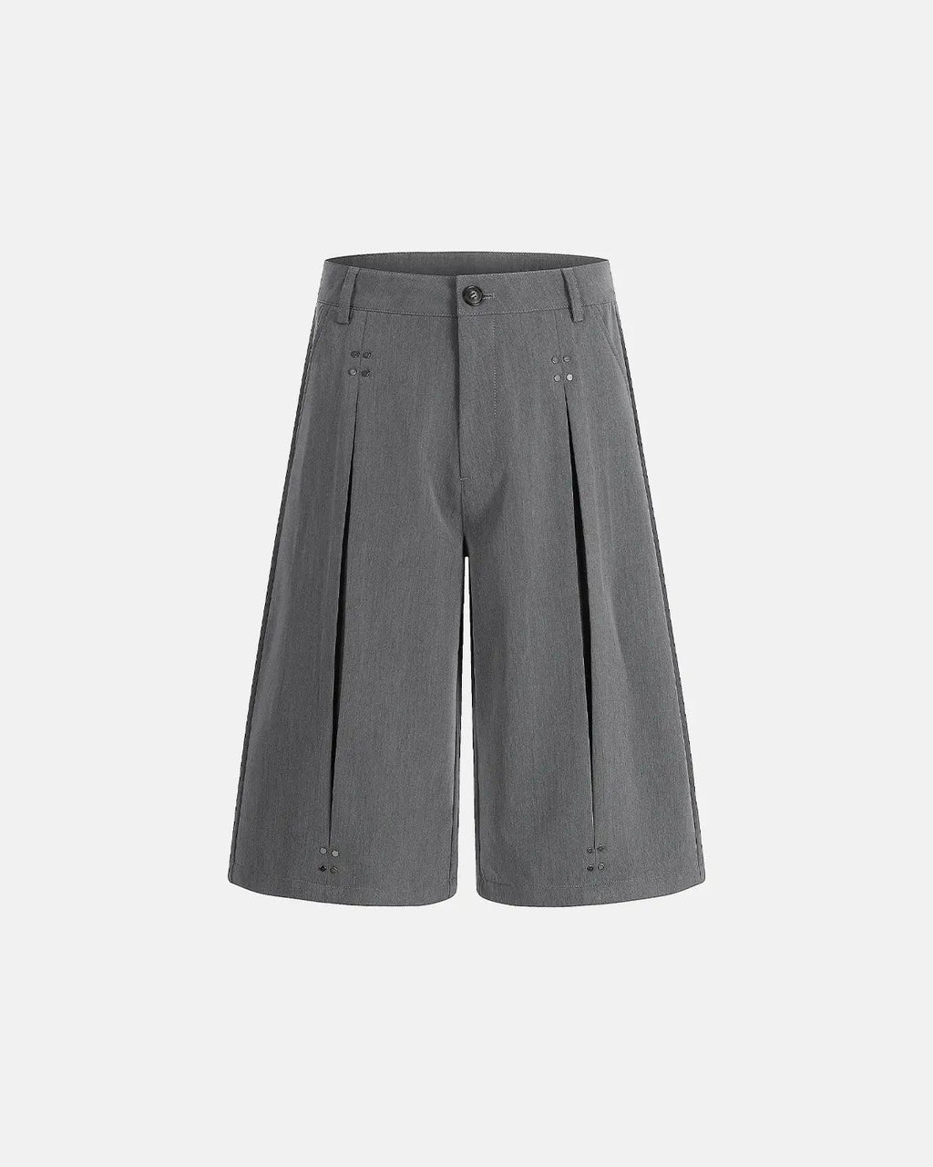 Inflation streetwear pleated tailored shorts with stud details, featuring a sleek design and structured fit in stylish pants style.