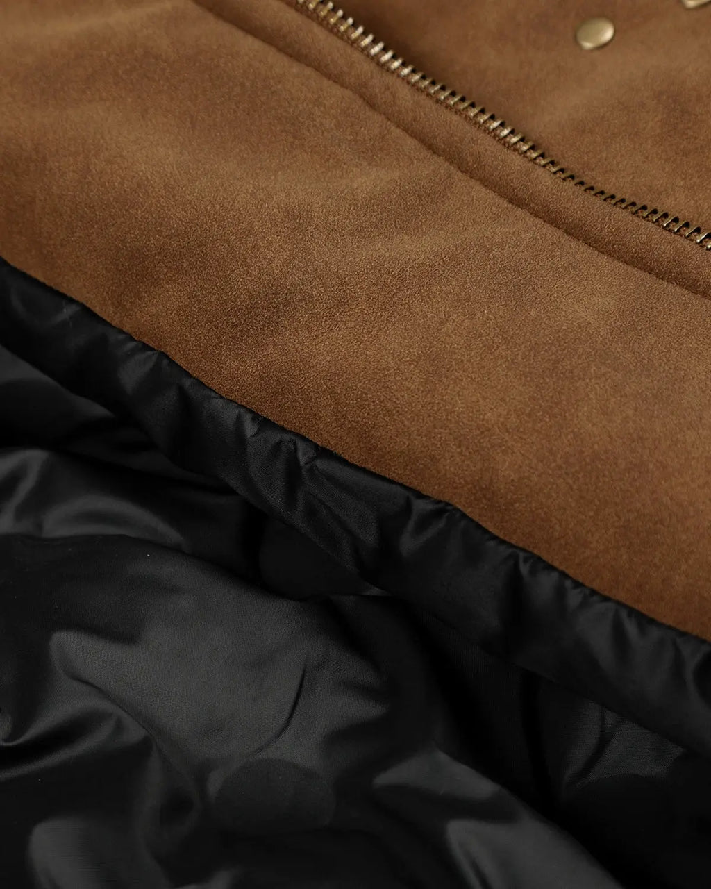 Inflation Streetwear horse embroidery suede padded jacket with suede clasp, featuring detailed horse embroidery on the front.
