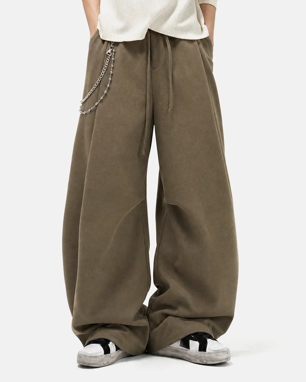 Light beige cotton linen wide-leg pants by INFLATION, featuring a relaxed fit and wide-leg silhouette, casual streetwear style.