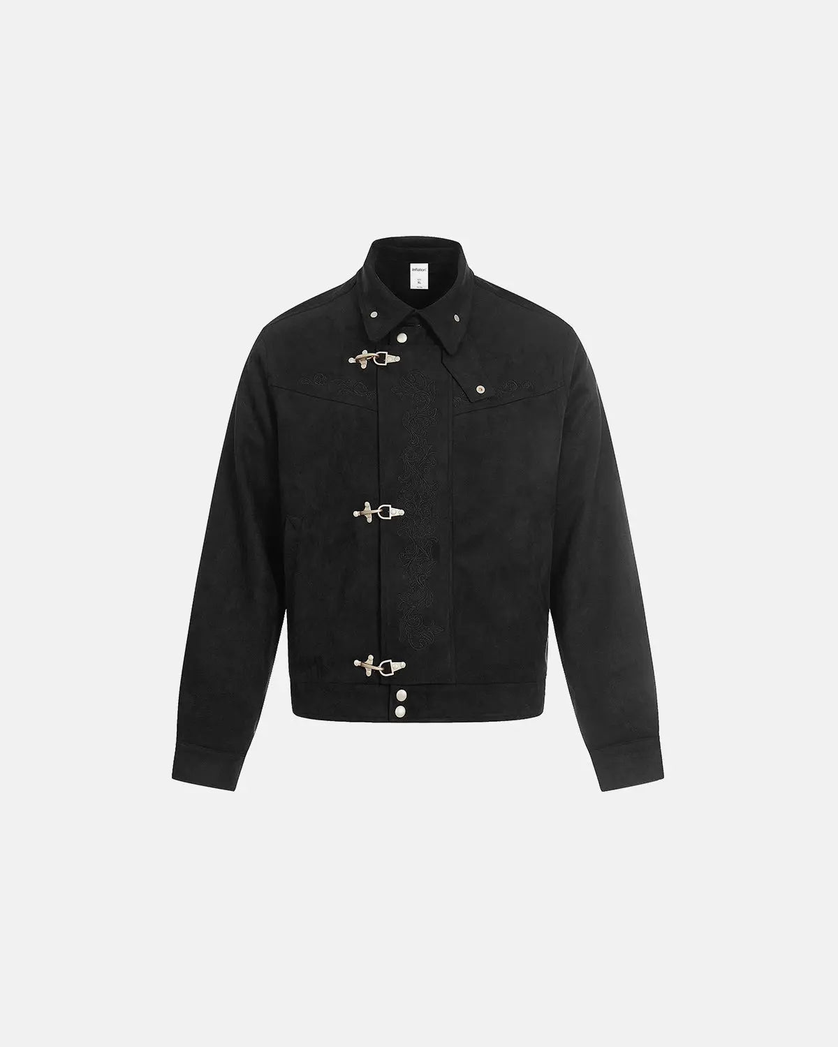 Inflation Streetwear embroidery jacquard cropped clasp jacket with intricate patterns and a stylish cropped fit, shown on a mannequin.