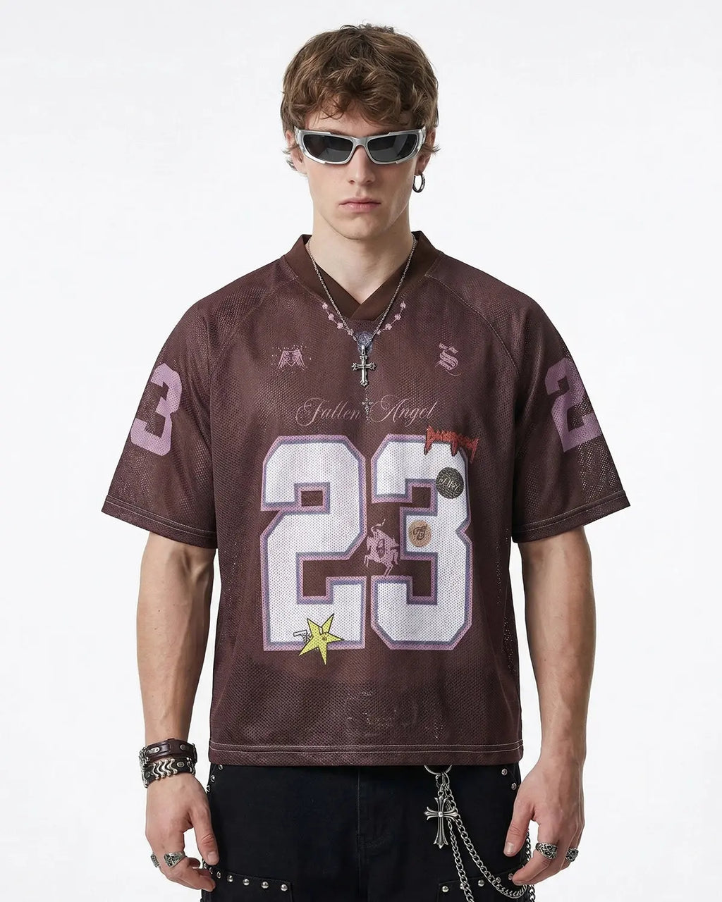 Pink mesh jersey t-shirt with number 23 from INFLATION's streetwear collection, featuring breathable fabric and bold design details.