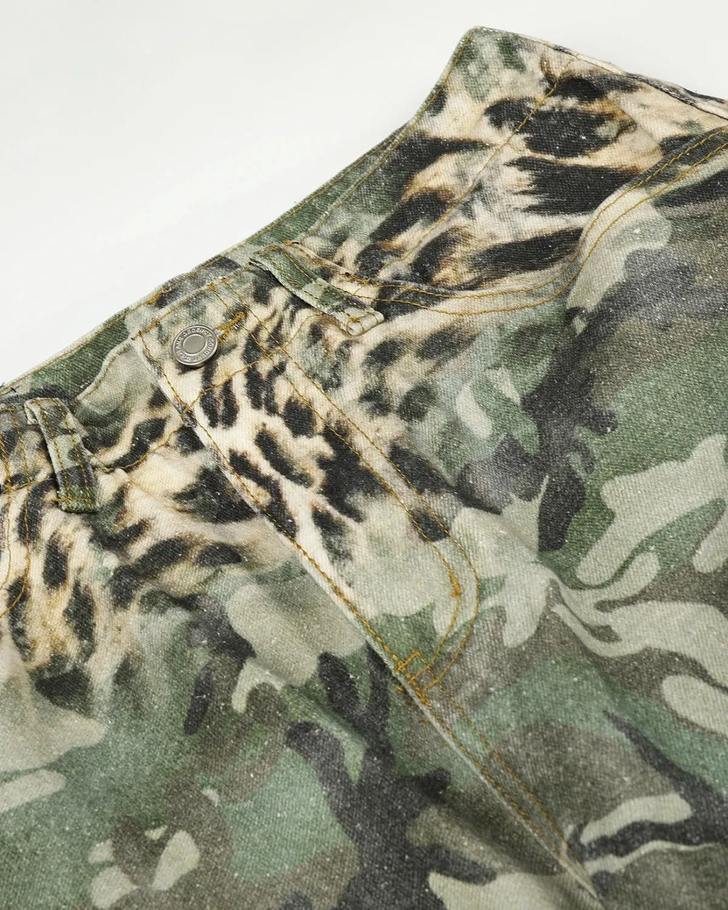 Leopard camo cargo longline shorts by INFLATION streetwear, featuring a bold animal print and extended length design.