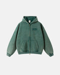 Gothic acid wash zip-up hoodie by INFLATION with black and gray distressed streetwear design and front zipper closure.