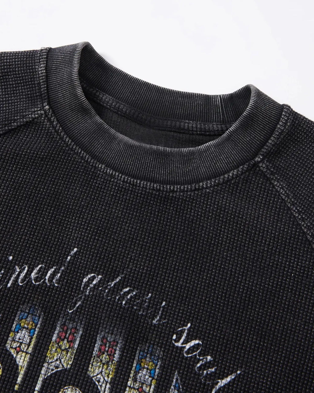 Washed graphic boxy waffle T-shirt by INFLATION Streetwear featuring a relaxed fit and bold graphic design on soft fabric.