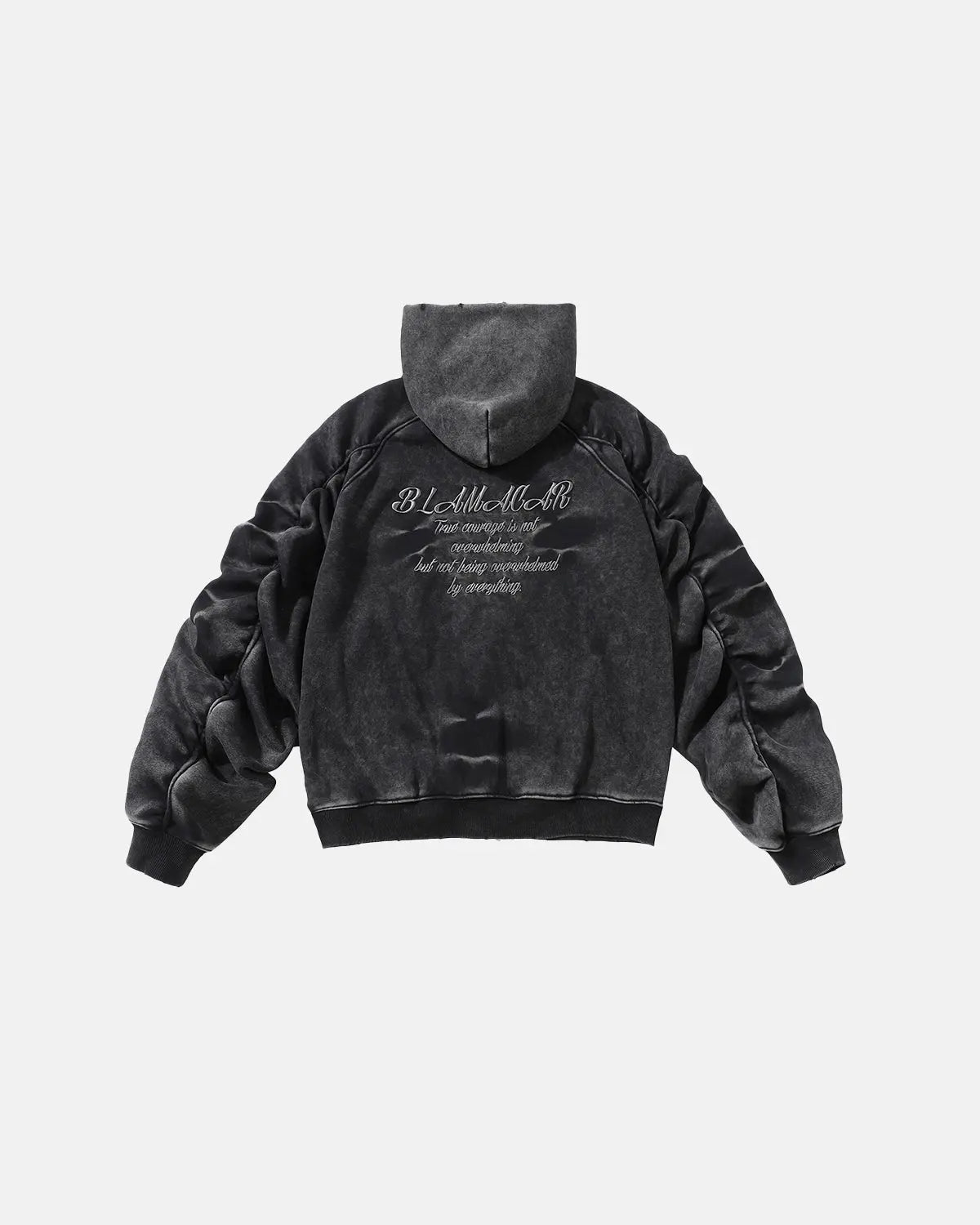 Acid washed embroidery zip-up hoodie by INFLATION featuring a distressed look, embroidered details, and a front zipper pocket.