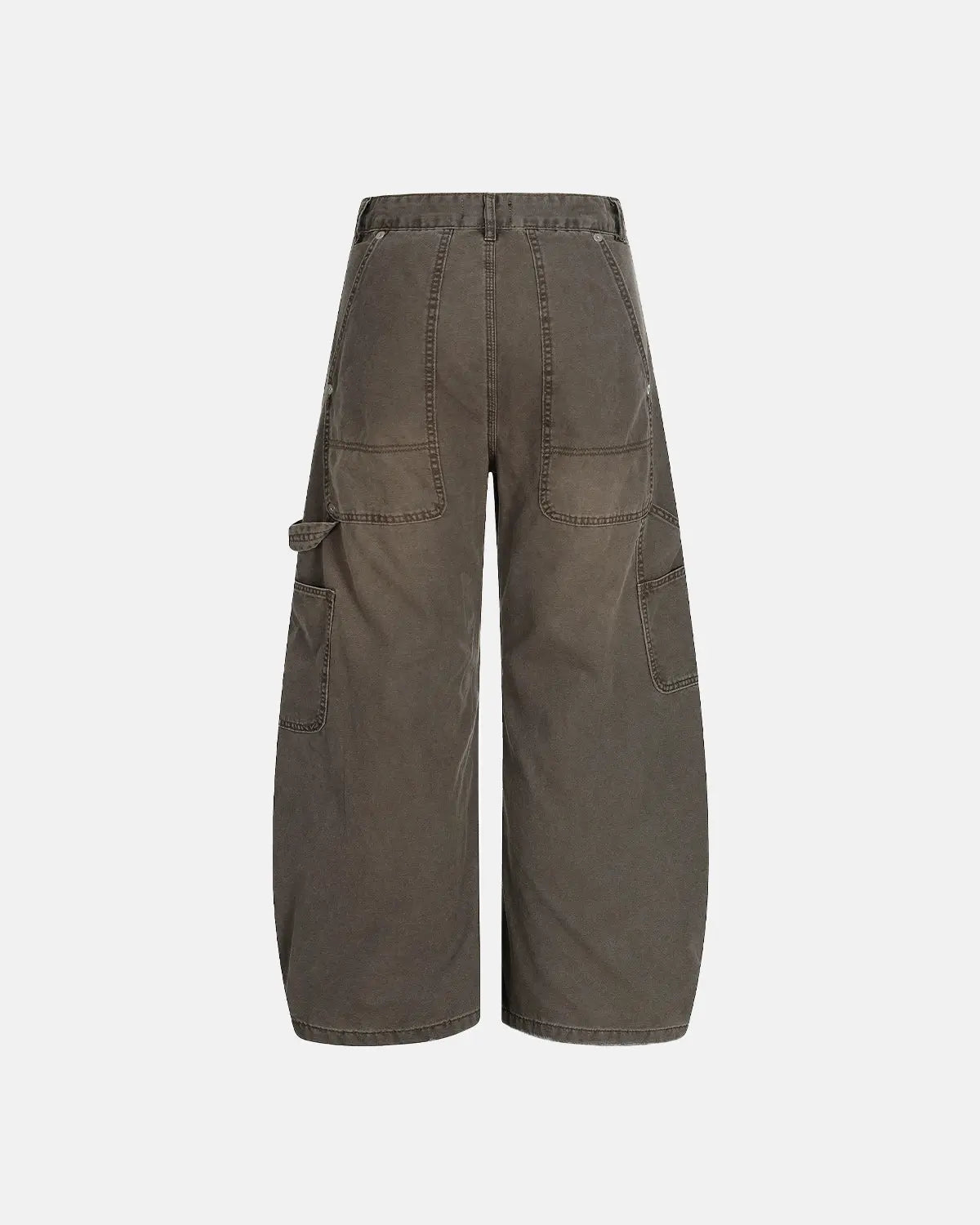 Washed barrel cargo pants by INFLATION, streetwear style, featuring multiple pockets and relaxed fit in durable fabric.