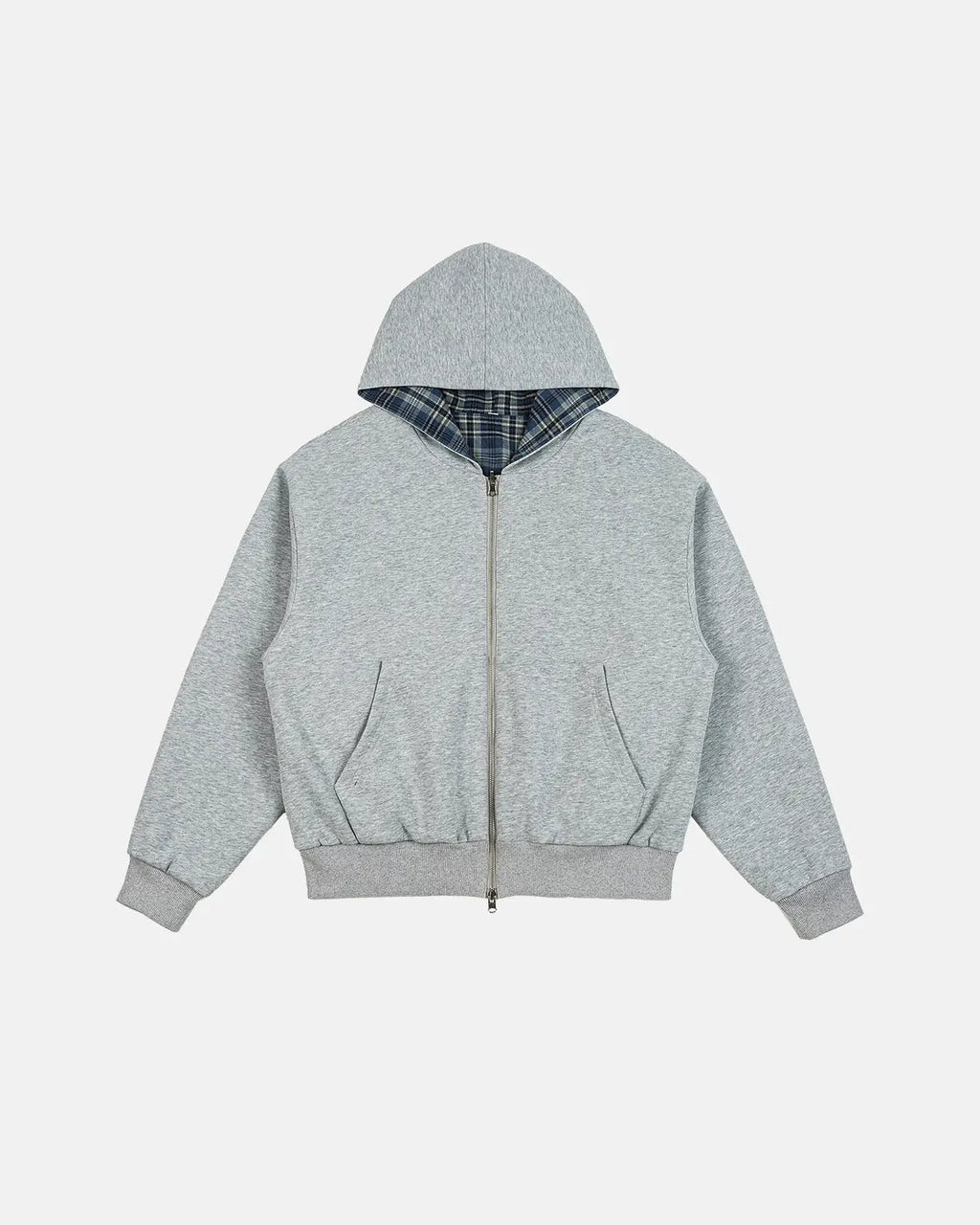 Reversible plaid cropped hoodie from Inflation Streetwear with bold plaid pattern on one side and solid color on the other.