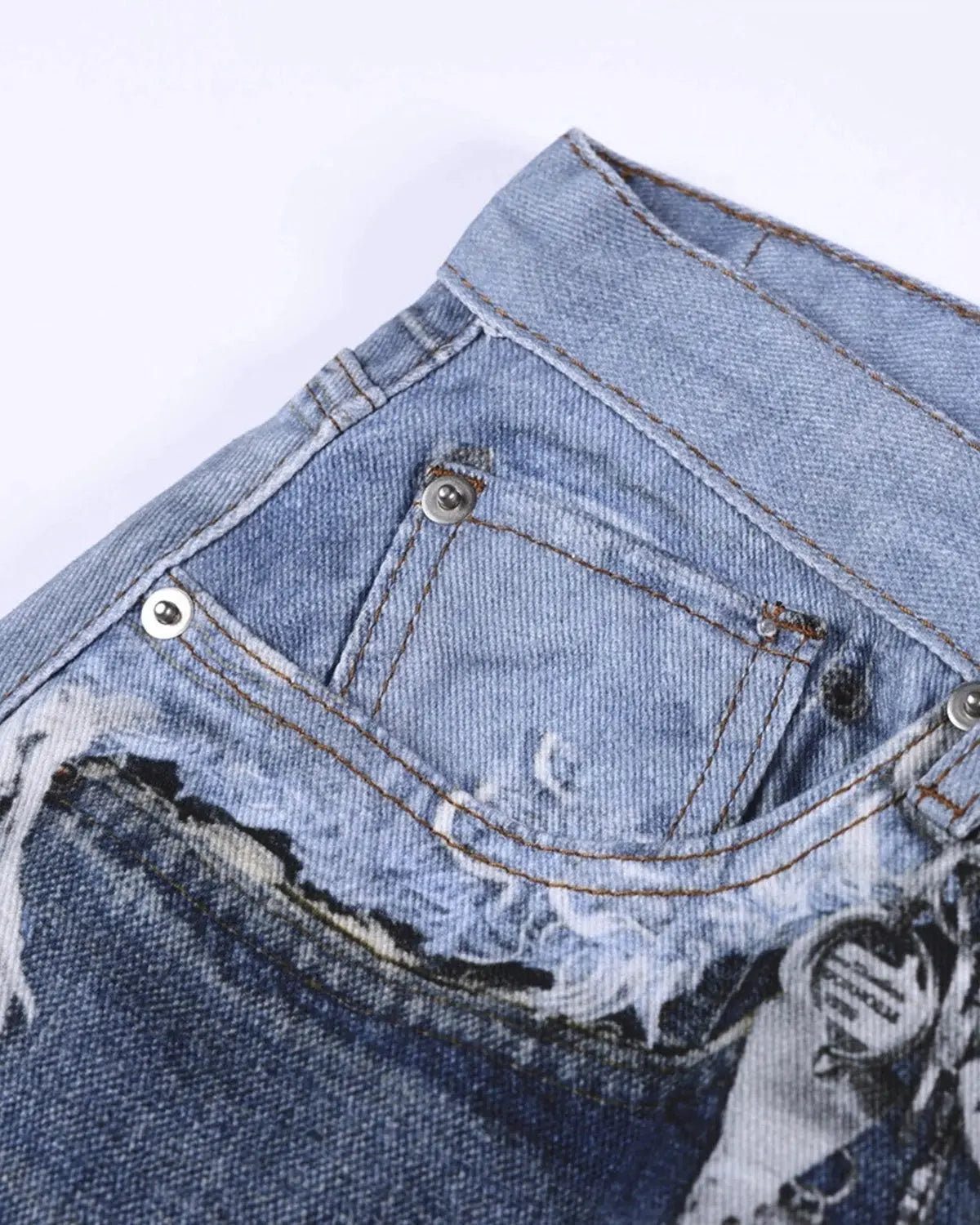Digital print distressed baggy jeans by Inflation Streetwear showing a relaxed fit with faded and ripped details.