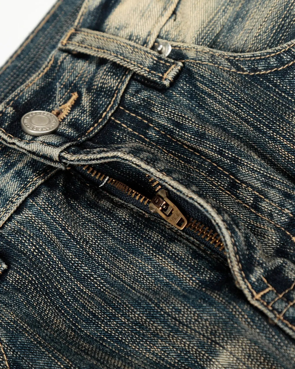 Inflation Bamboo Weave Barrel Baggy Jeans showing fitted waist, relaxed fit, and bamboo-textured fabric on a model.