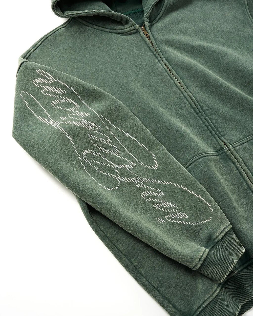 Inflation streetwear rhinestone distressed washed zip-up hoodie with embellishments and casual fit, front view.
