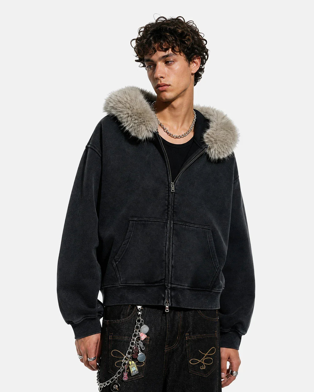 Inflation Streetwear faux fur collar distressed zip-up hoodie, black with hood and zip front, casual streetwear style.