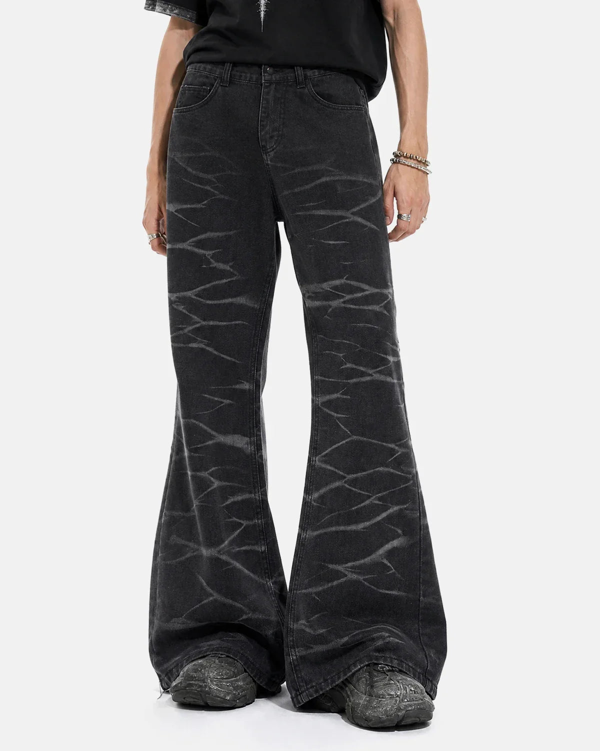 Black Whisker Wash bootcut jeans by INFLATION Streetwear, showing close-up of denim fabric and classic fit.