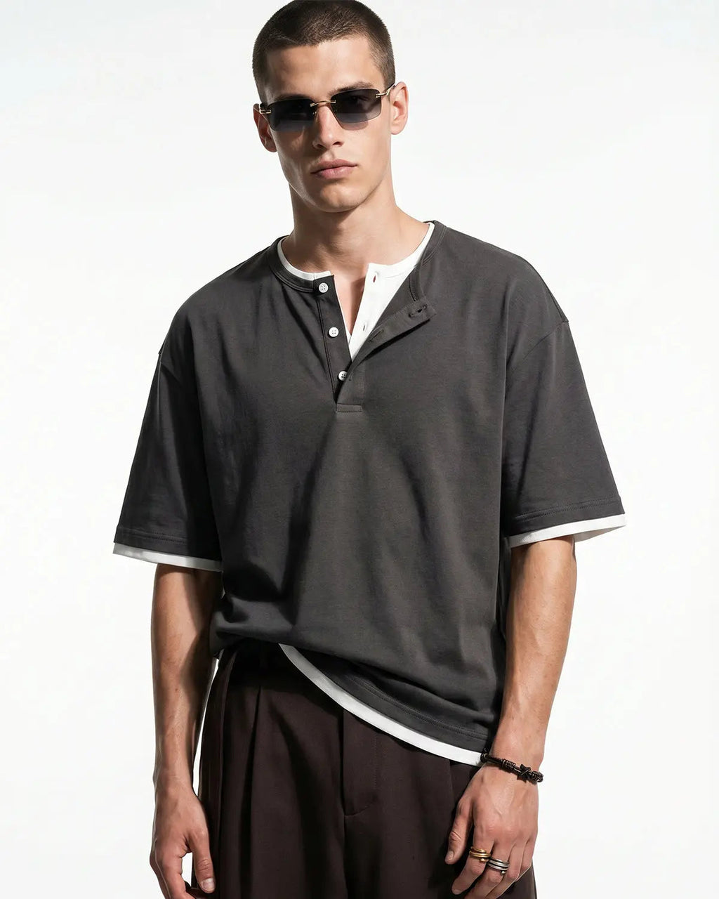 Inflation Streetwear Old Money Layered Henley T-Shirt, casual shirt with layered design in neutral tones, soft fabric, and relaxed fit.