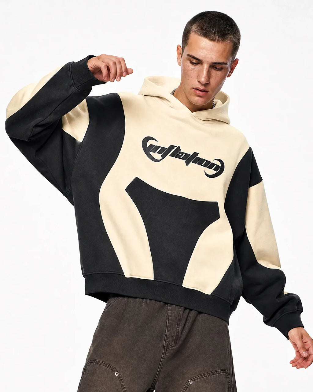 Colorful patchwork puff print hoodie by INFLATION Streetwear featuring vibrant designs and a cozy, oversized fit.