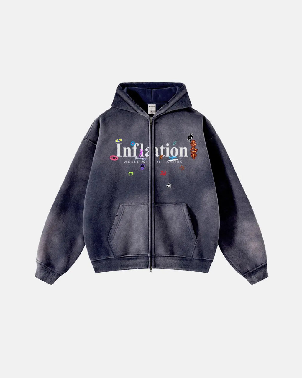 Inflation Streetwear graphic acid washed zip-up hoodie with a front zipper and streetwear style, showing a textured washed fabric.