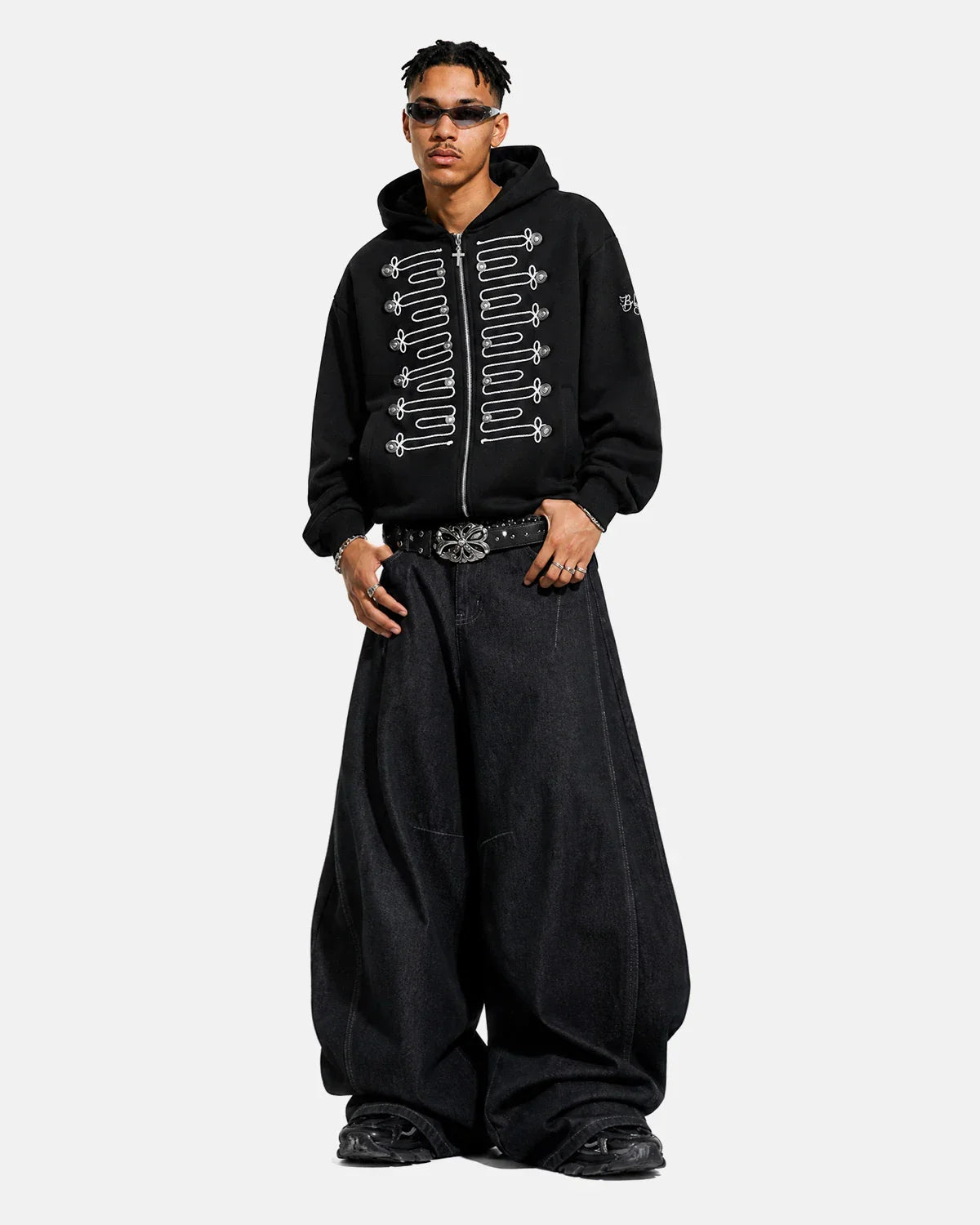Inflation Streetwear braided embroidery boxy zip-up hoodie with front pockets, featuring detailed embroidery and a relaxed fit.