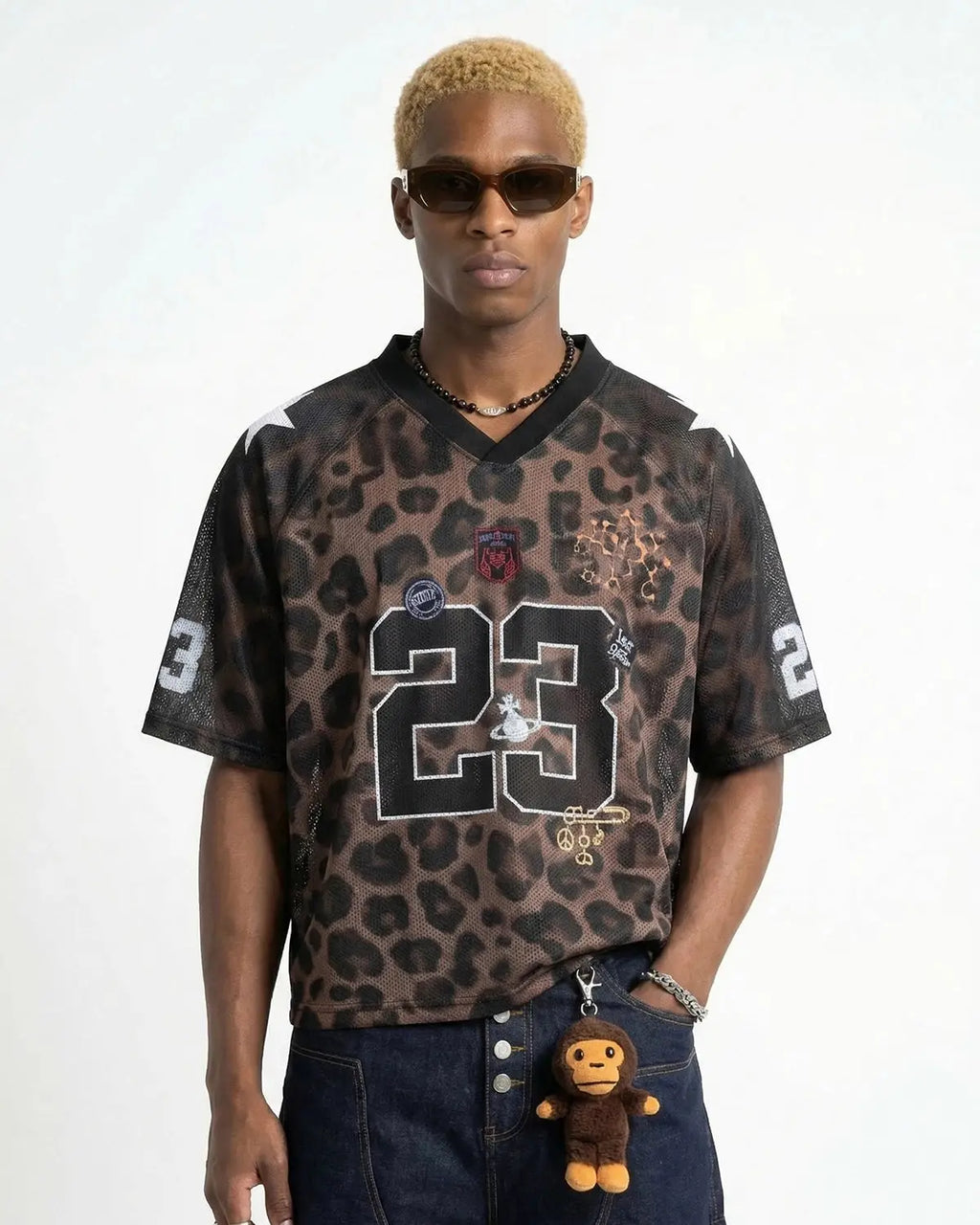 Number 23 Leopard Mesh Jersey by INFLATION featuring bold leopard print mesh fabric and streetwear-inspired design.
