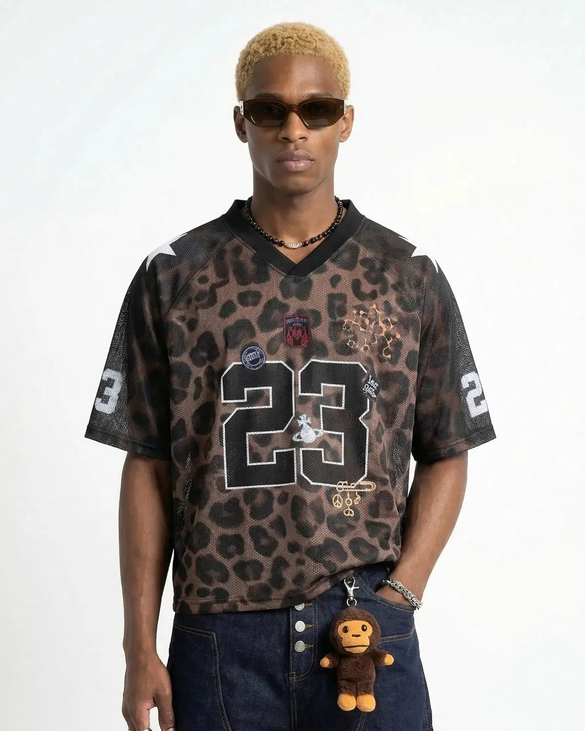 Number 23 Leopard Mesh Jersey by INFLATION featuring bold leopard print mesh fabric and streetwear-inspired design.