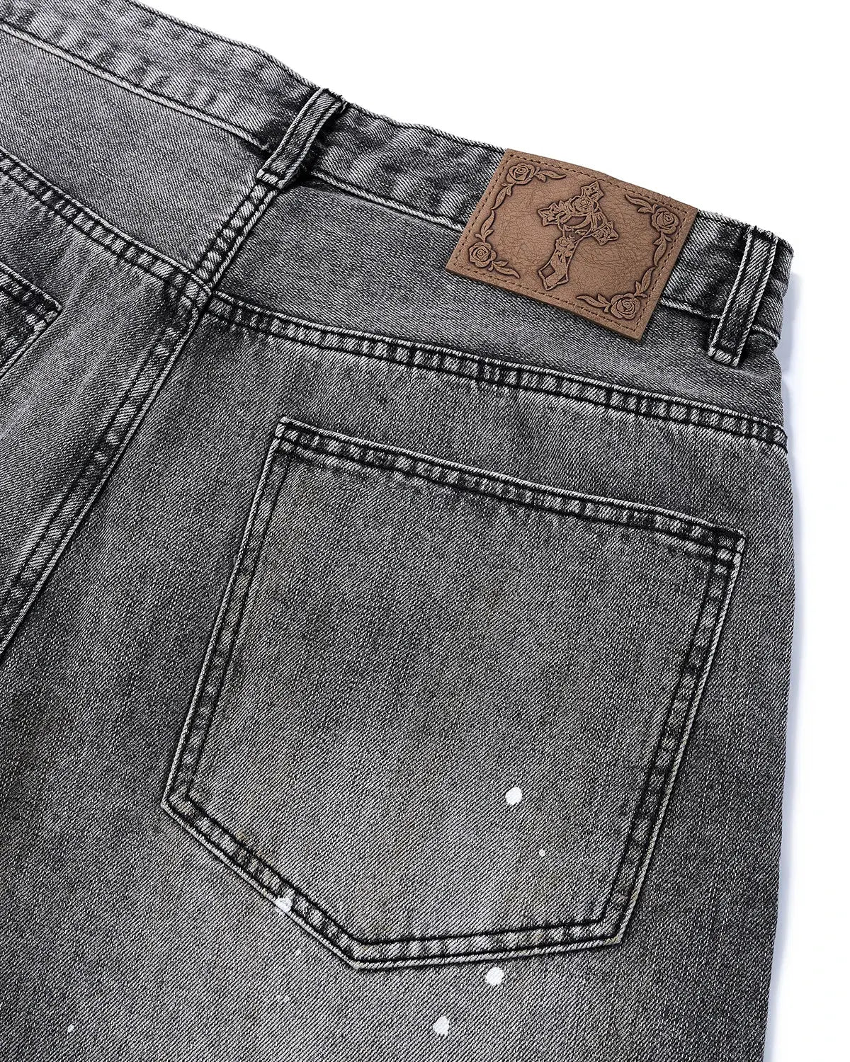Inflation Streetwear metal clasp washed barrel jeans, casual pants with distressed denim and metal button details.
