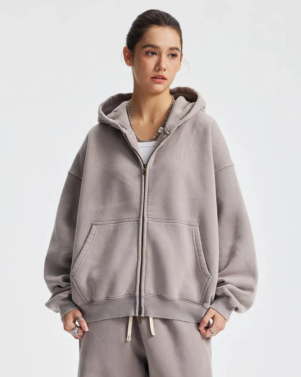 Boxy fit acid washed fleece zip-up hoodie by INFLATION featuring a casual streetwear style and a relaxed fit.