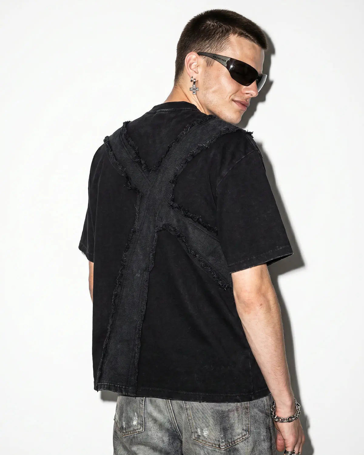 Deconstructed Cross Washed T-Shirt from Inflation Streetwear, showcasing a casual, distressed design with a prominent cross graphic.