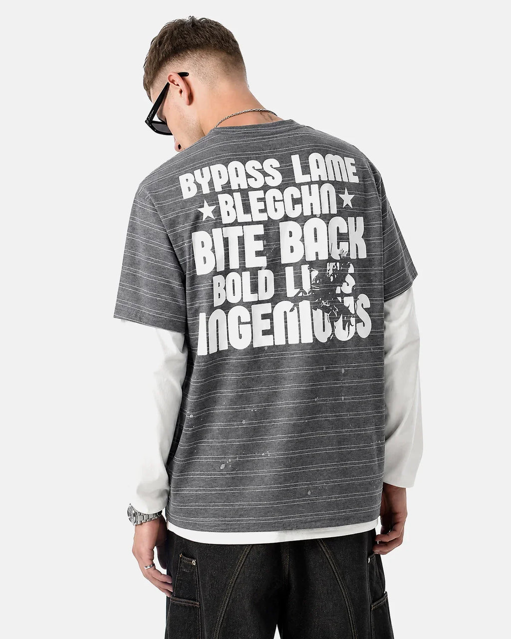 Inflation Streetwear layered Henley stripe T-shirt with long sleeves and button neckline, casual streetwear style, front view.