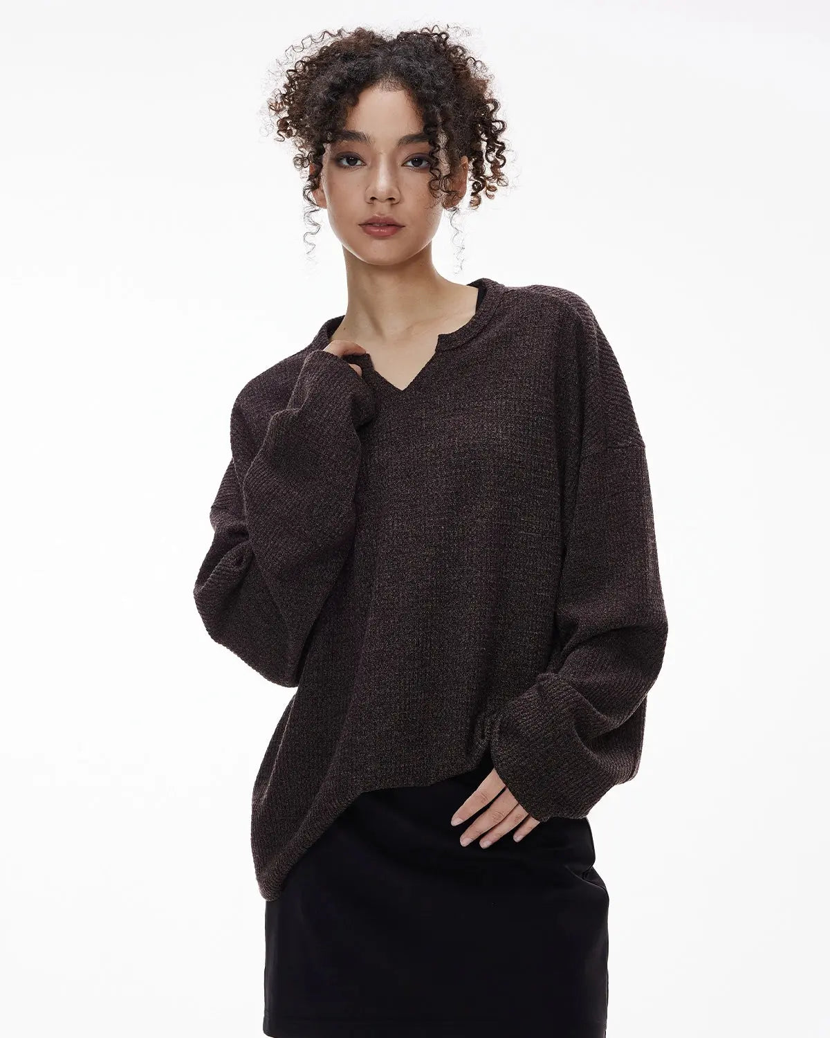 Inflation Streetwear V-neck long sleeve waffle T-shirt in neutral color, featuring a textured waffle fabric and relaxed fit.