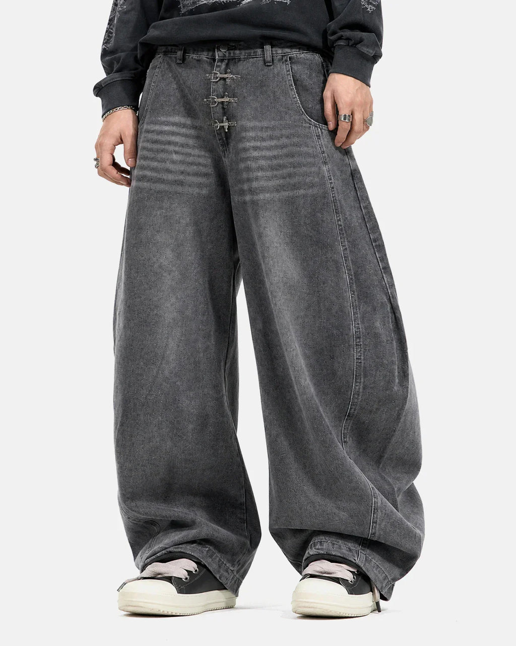 Grey barrel jeans with metal clasp detail from Inflation Streetwear, showcasing the relaxed fit and stylish design.