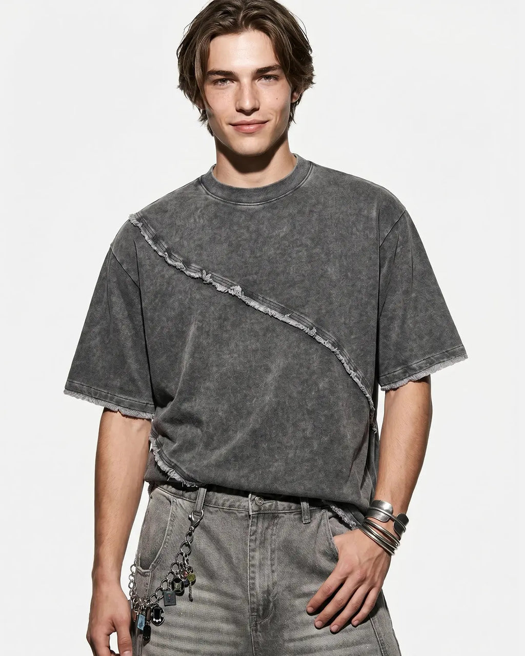 Raw edge deconstructed T-shirt by INFLATION, stylish streetwear with distressed details and casual fit.