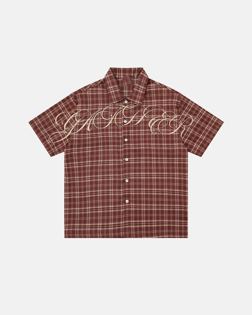 Inflation Streetwear lettering embroidery plaid shirt featuring bold letter designs and classic plaid pattern on casual shirt