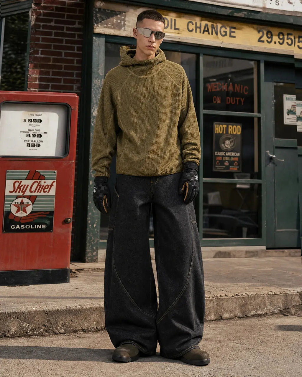 Inflation Super Raw Barrel Jeans featuring distressed denim and a relaxed fit, styled as streetwear casual.