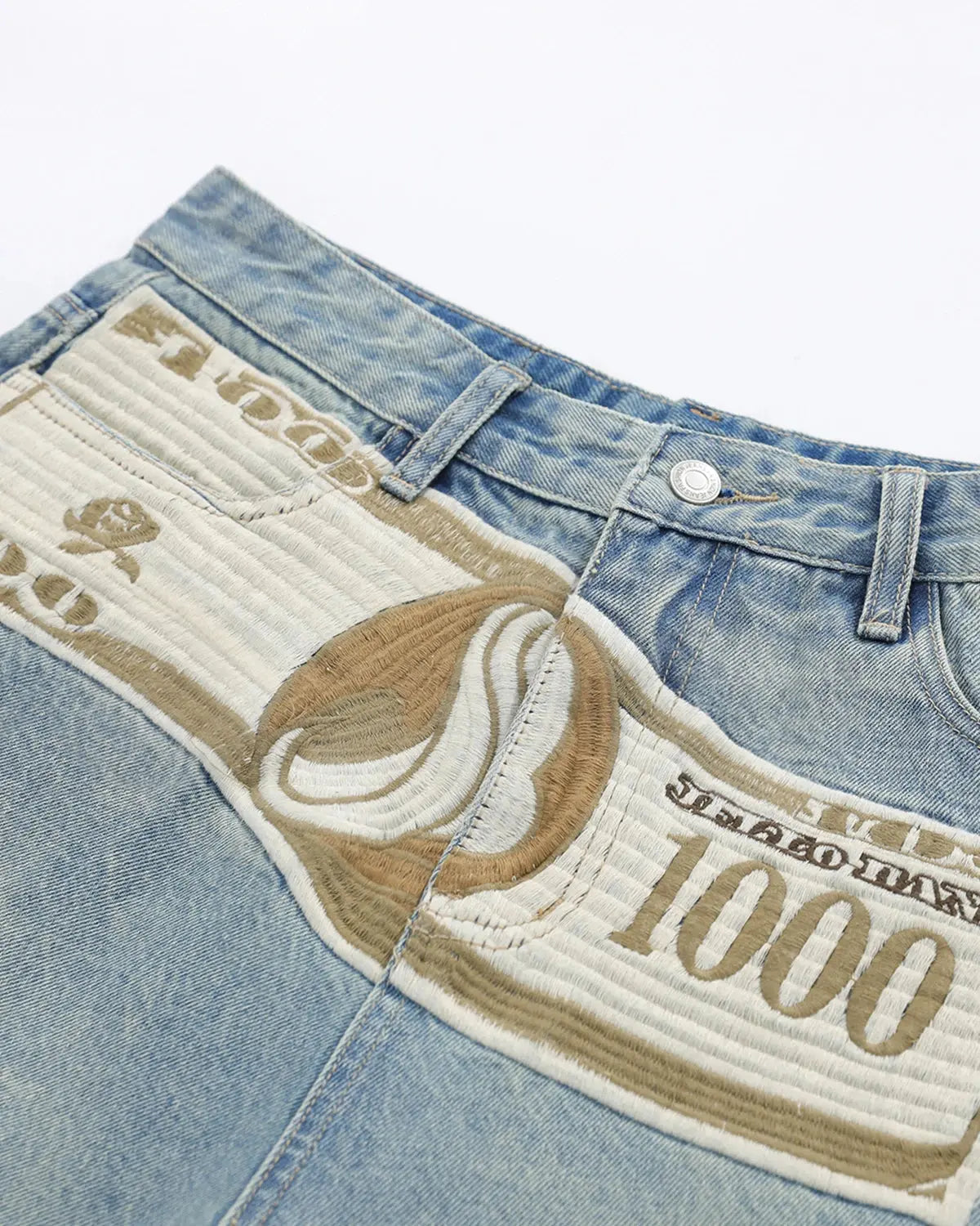 Inflation Dollar Patch Embroidery Denim Jorts featuring distressed denim, patch details, and casual streetwear style.