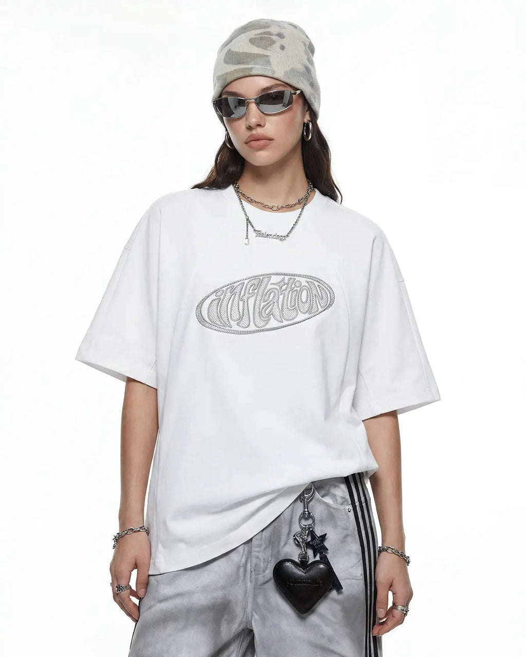 Hollow embroidered graphic T-shirt from Inflation Streetwear featuring bold design and detailed embroidery on a casual fit.