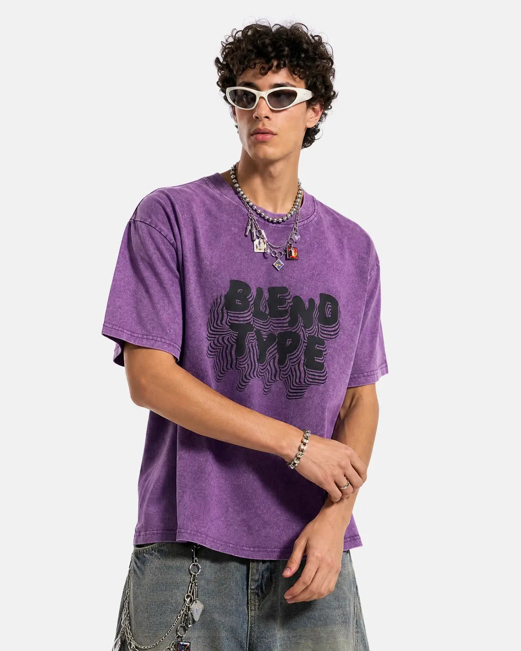 Purple washed oversized graphic T-shirt by INFLATION, casual streetwear style with bold graphic design on front.