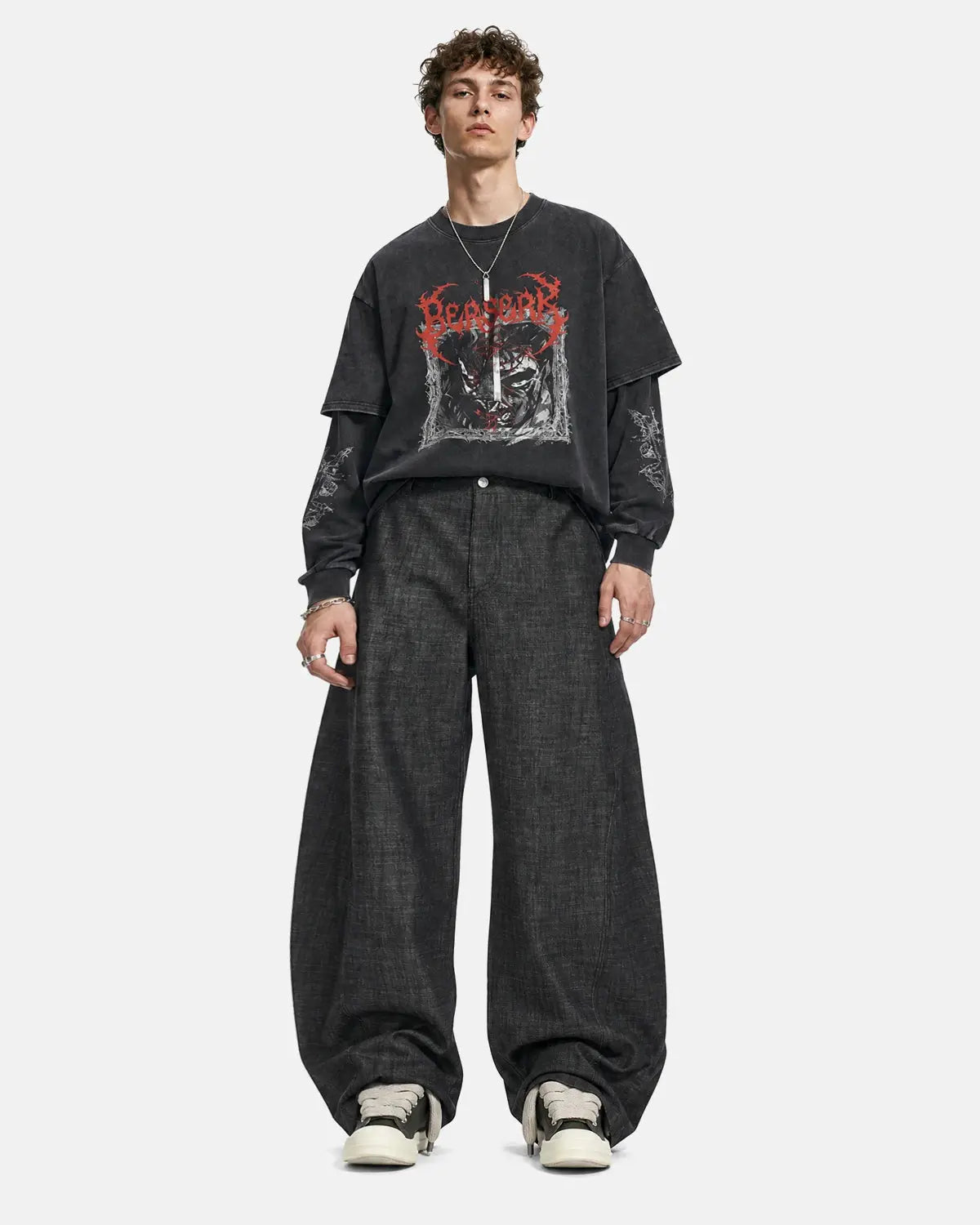 Lightweight raw barrel jeans by INFLATION featuring a relaxed fit and raw denim texture in a casual streetwear style.