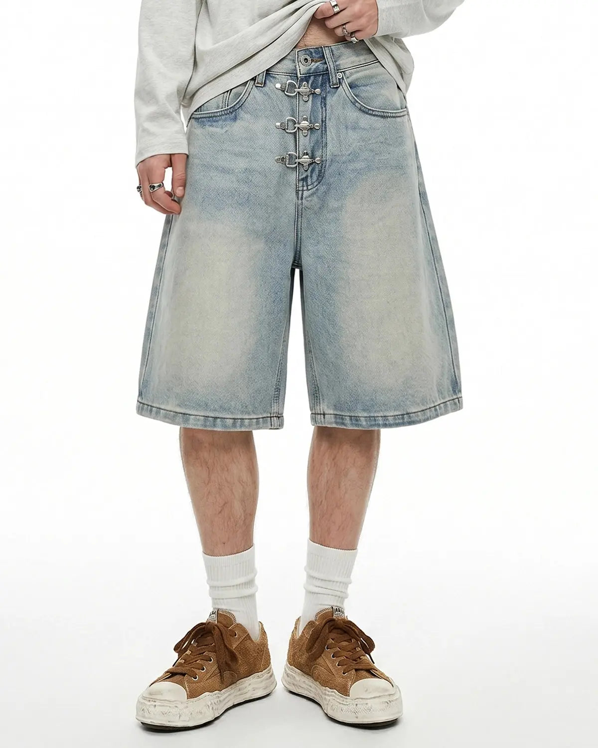 Inflation Streetwear metal clasp baggy jorts, casual denim shorts with metal buckle detail, relaxed fit and distressed design.