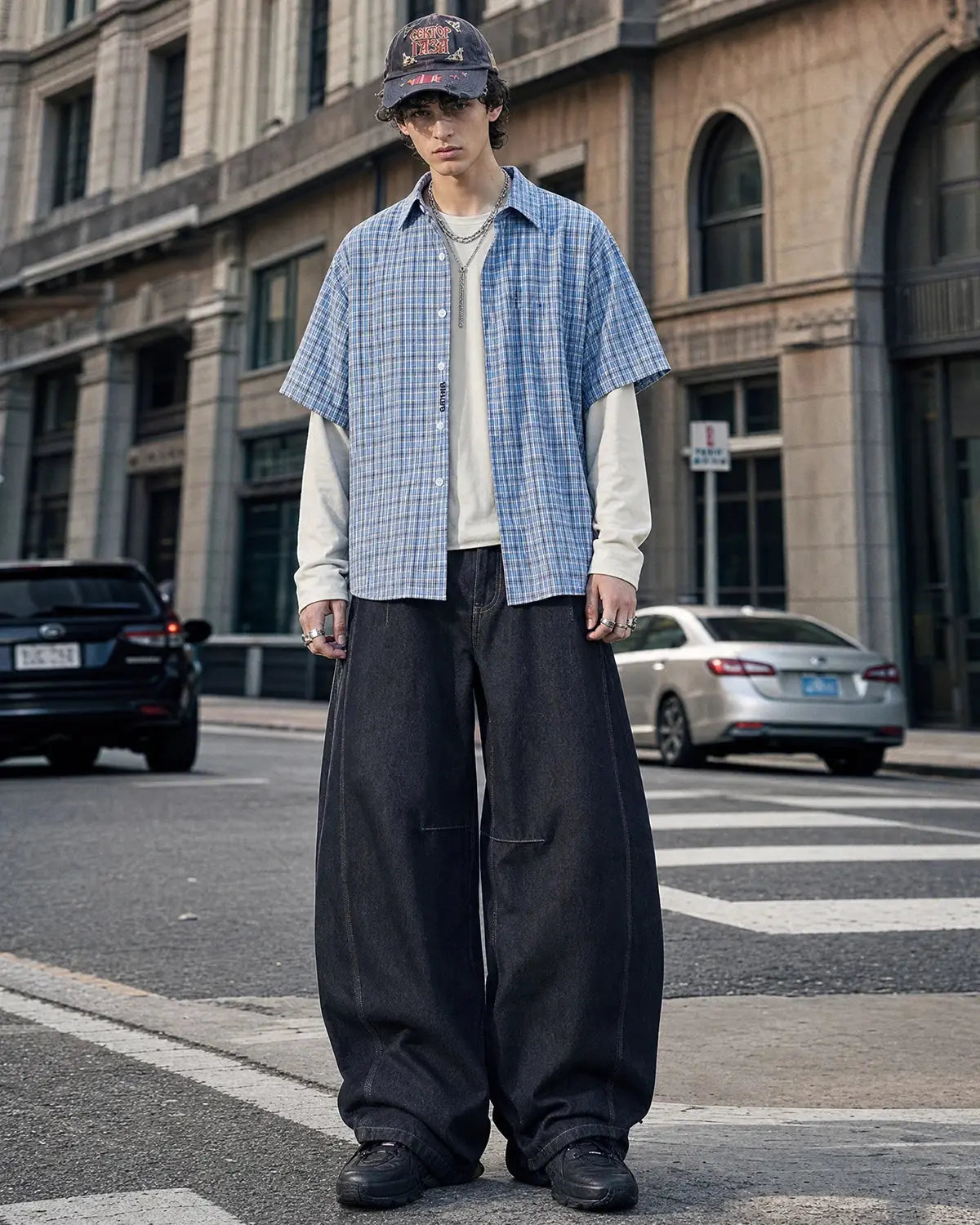 Inflation Raw Color Barrel Baggy Jeans, casual pants with relaxed fit and raw hem, shown with distressed detailing and light wash.