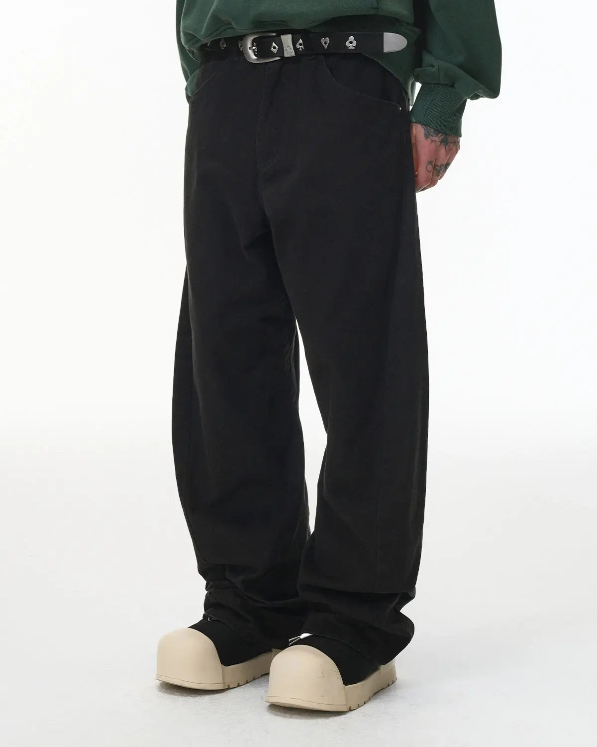 Inflation Stitching Flare Baggy Jeans showing high-waisted fit with prominent stitching details and wide flare legs.