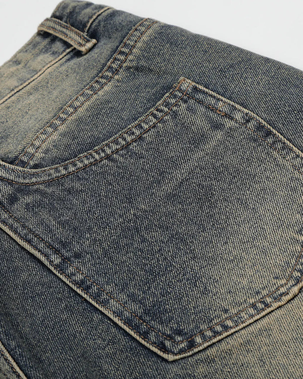 INFLATION acid washed cinch back buckle jorts, casual denim pants with belt loops and distressed finish, stylish streetwear fashion.