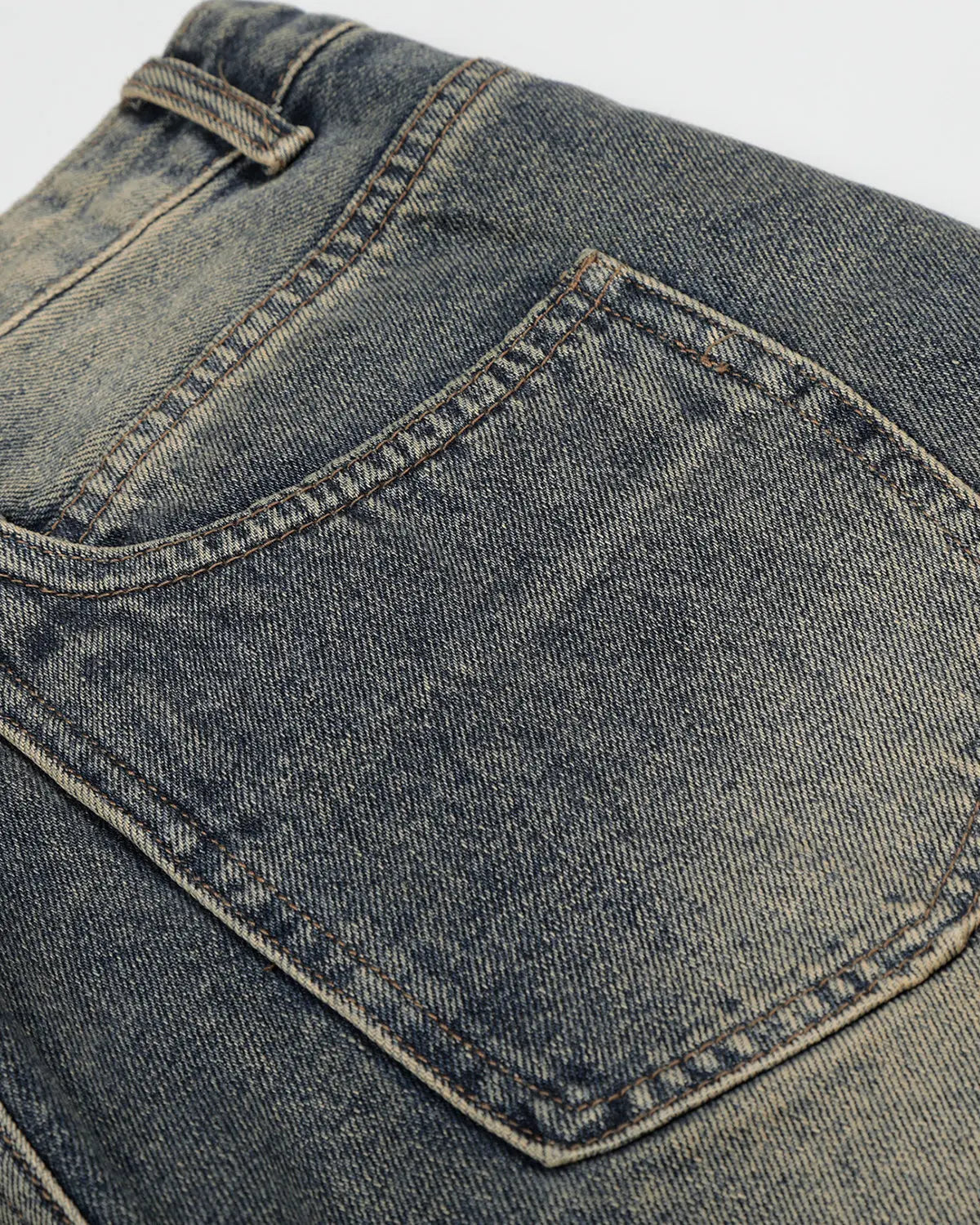 INFLATION acid washed cinch back buckle jorts, casual denim pants with belt loops and distressed finish, stylish streetwear fashion.