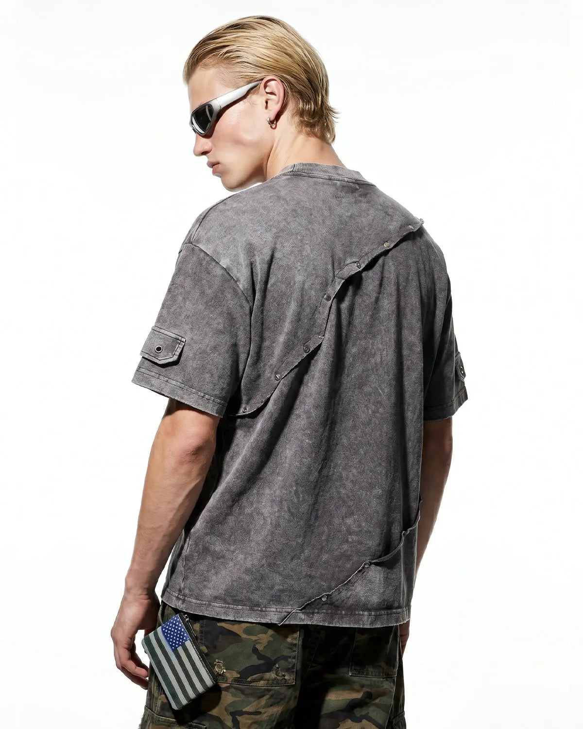 Deconstructed washed oversized T-shirt by INFLATION Streetwear, featuring a relaxed fit and distressed denim-inspired design.
