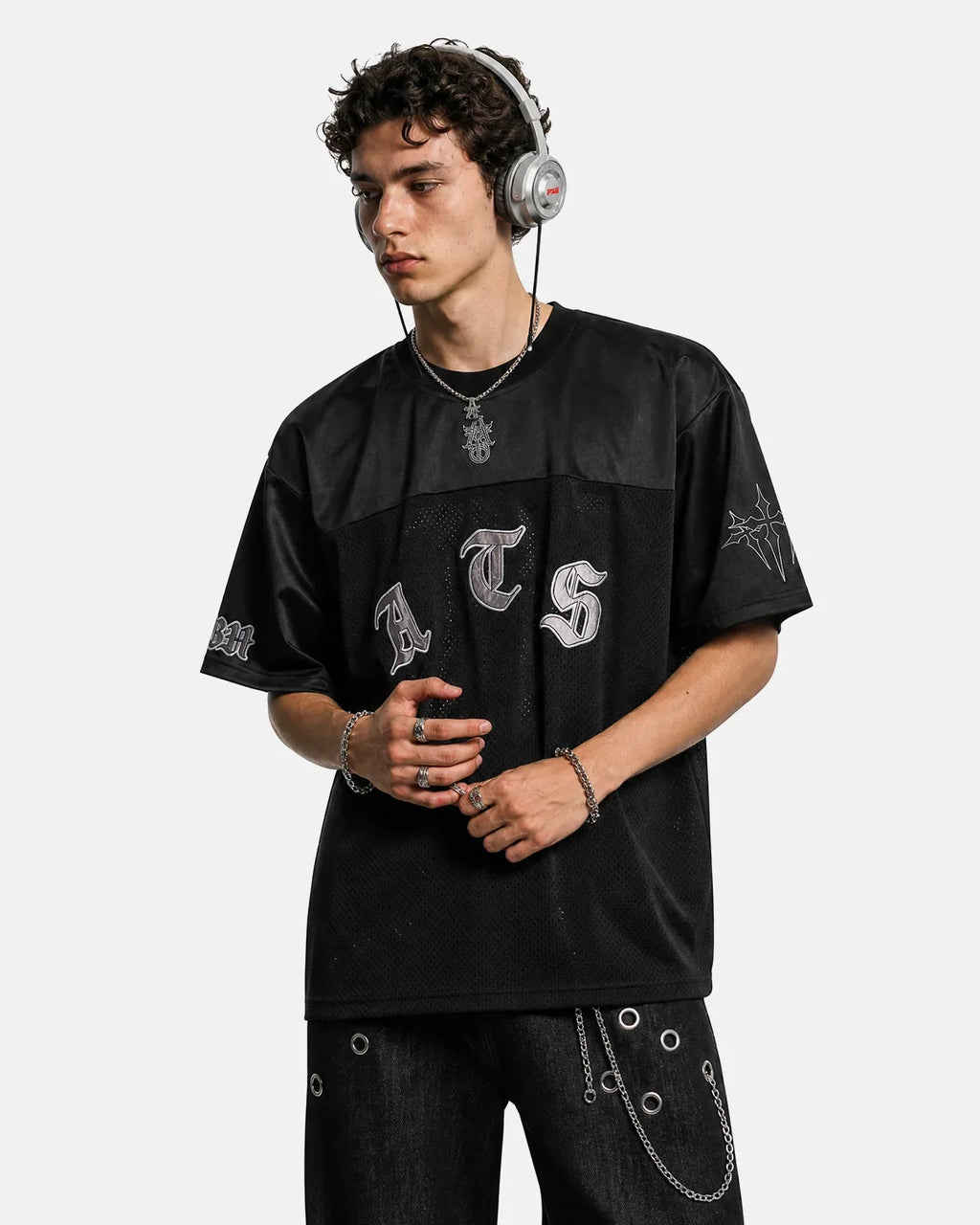 Black gothic embroidered mesh jersey t-shirt by INFLATION featuring intricate embroidery and sheer mesh fabric.
