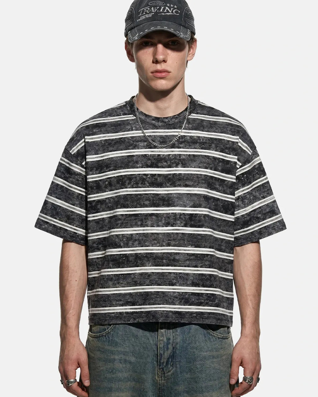 Vintage Washed Striped Boxy T-Shirt by INFLATION, featuring a relaxed fit with faded washes and bold striped pattern.